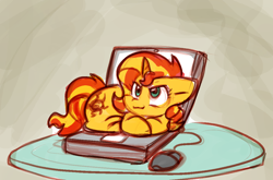 Size: 1124x744 | Tagged: safe, artist:zutcha, imported from derpibooru, sunset shimmer, pony, unicorn, behaving like a cat, computer, computer mouse, cute, female, laptop computer, nyanset shimmer, pony pet, shimmerbetes, solo