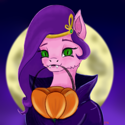 Size: 4134x4134 | Tagged: safe, artist:palettenight, imported from derpibooru, pipp petals, pegasus, pony, spoiler:g5, colored sketch, crown, fangs, g5, green eyes, halloween, holiday, jewelry, looking at you, moon, night, pumpkin, raincoat, regalia, sketch, smiling, solo, teeth
