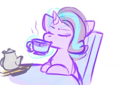 Size: 1279x892 | Tagged: safe, artist:zutcha, imported from derpibooru, starlight glimmer, pony, unicorn, drinking, eyes closed, female, food, mare, simple background, solo, tea, white background