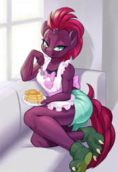 Size: 1080x1571 | Tagged: safe, artist:dstears, imported from derpibooru, fizzlepop berrytwist, tempest shadow, anthro, unicorn, apron, breasts, busty tempest shadow, clothes, cute, eating, eye scar, eyebrows, facial scar, female, food, housewife, looking at you, muscles, muscular female, pancakes, scar, sitting, solo, tempestbetes