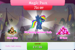 Size: 1272x852 | Tagged: safe, imported from derpibooru, rainbow dash, pegasus, pony, secrets and pies, bundle, costs real money, english, evil pie hater dash, fangs, female, food, gameloft, gem, mare, numbers, official, pie, sale, solo, solo focus, spread wings, tent, text, wings