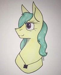 Size: 750x922 | Tagged: safe, artist:ensdraws, artist:moonlightmaddness, imported from derpibooru, oc, oc only, oc:misty, bust, female, jewelry, mare, necklace, portrait, smiling, traditional art