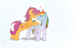 Size: 1024x649 | Tagged: safe, artist:redheadfly, imported from derpibooru, rainbow dash, scootaloo, pegasus, pony, deviantart watermark, female, lesbian, obtrusive watermark, scootadash, shipping, simple background, watermark, white background