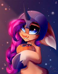 Size: 2717x3500 | Tagged: safe, artist:shinoshai, imported from derpibooru, nightmare moon, sunny starscout, earth pony, pony, belly, big ears, braid, braided ponytail, clothes, cosplay, costume, cute, female, floppy ears, g5, halloween, holiday, impossibly large ears, long mane, mare, mlp fim's twelfth anniversary, mouth hold, nightmare moon armor, nightmare night costume, nightmare sunny, ponytail, solo, sunnybetes