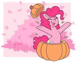 Size: 2550x2050 | Tagged: safe, artist:graphene, imported from derpibooru, part of a set, pinkie pie, earth pony, pony, cute, diapinkes, female, high res, leaves, mare, open mouth, pumpkin, smiling, solo