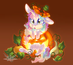 Size: 1920x1712 | Tagged: safe, artist:doekitty, imported from derpibooru, part of a set, oc, oc only, pony, unicorn, commission, female, halloween, holiday, jack-o-lantern, mare, one ear down, pumpkin, solo, ych result