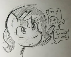 Size: 2048x1645 | Tagged: safe, artist:zutcha, imported from derpibooru, sunset shimmer, pony, unicorn, :t, female, monochrome, sketch, solo, speech bubble, text, traditional art