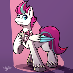 Size: 1000x1000 | Tagged: safe, artist:littletigressda, imported from derpibooru, zipp storm, pegasus, pony, spoiler:g5, spoiler:my little pony: tell your tale, spoiler:tyts01e32, baby critters, bowtie, clothes, female, formal wear, g5, hoof on chest, looking at you, mare, my little pony: tell your tale, neck bow, smiling, smiling at you, solo, tuxedo, unshorn fetlocks