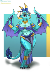 Size: 813x1191 | Tagged: safe, artist:painterdreamer, edit, imported from derpibooru, princess ember, anthro, digitigrade anthro, dragon, accessory, bedroom eyes, belly button, belly dancer, belly dancer outfit, bikini, bikini top, breasts, busty princess ember, claws, clothes, cropped, digital art, dragoness, female, horn, jewelry, lidded eyes, lizard breasts, loincloth, looking at you, smiling, smiling at you, solo, spread wings, stupid sexy princess ember, swimsuit, thighs, wide hips, wings