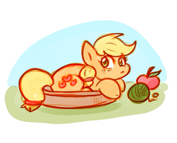 Size: 889x723 | Tagged: safe, artist:zutcha, imported from derpibooru, applejack, earth pony, pony, apple, behaving like a cat, cute, female, food, if i fits i sits, jackabetes, solo, yarn