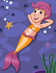 Size: 1138x1493 | Tagged: safe, artist:ocean lover, imported from derpibooru, scootaloo, human, mermaid, starfish, season 8, surf and/or turf, spoiler:s08, amazed, arm behind head, armpits, awesome, bandeau, bare shoulders, belly, belly button, bubble, child, coral, cute, cutealoo, cutie mark crusaders, dark skin, disney style, female, fins, fish tail, happy, human coloration, humanized, looking up, lying down, mermaid tail, mermaidized, midriff, ocean, open mouth, open smile, purple eyes, purple hair, rock, scene interpretation, sea-mcs, seaponified, seapony scootaloo, seaweed, shiny skin, short hair, smiling, solo, species swap, tail, tail fin, underwater, water