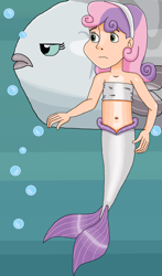 Size: 1022x1738 | Tagged: safe, artist:ocean lover, imported from derpibooru, sweetie belle, fish, human, mermaid, season 8, surf and/or turf, spoiler:s08, bandeau, bare shoulders, belly, belly button, bubble, child, cute, cutie mark crusaders, diasweetes, disney style, female, fins, fish tail, frown, green eyes, grumpy, headband, human coloration, humanized, long hair, mermaid tail, mermaidized, midriff, ocean, ocean sunfish, purple hair, scene interpretation, sea-mcs, seaponified, seapony sweetie belle, shiny skin, solo, species swap, sunfish, tail, tail fin, uncomfortable, underwater, water