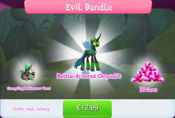 Size: 1272x855 | Tagged: safe, idw, imported from derpibooru, queen chrysalis, changeling, changeling queen, armor, bundle, bush, costs real money, english, female, gameloft, gem, horn, idw showified, insect wings, mannequin, numbers, official, sale, shield, solo, solo focus, spread wings, swamp, text, wings