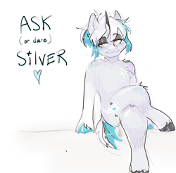 Size: 2414x2379 | Tagged: safe, artist:itssilver, imported from derpibooru, oc, oc:silver, pony, unicorn, ask, ask or dare, crossed legs, eyebrows, eyebrows visible through hair, female, mare, sitting, sketch, smiling, smirk, solo