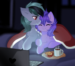 Size: 1053x927 | Tagged: safe, artist:freyamilk, imported from derpibooru, oc, oc only, oc:scrimmy, oc:stargazermap, bat pony, pegasus, pony, bat pony oc, bat wings, blanket, chocolate, complex background, computer, cute, duo, duo male, ethereal mane, fangs, food, hot chocolate, laptop computer, male, nuzzling, pegasus oc, pegasus wings, pony oc, smiling, snuggling, starry mane, watching tv, wings