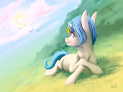 Size: 4000x3000 | Tagged: safe, artist:klarapl, imported from derpibooru, oc, oc only, oc:evertrue, pony, unicorn, broken horn, cloud, female, grass, happy, high res, horn, lying down, mare, prone, smiling, solo, sun, unicorn oc