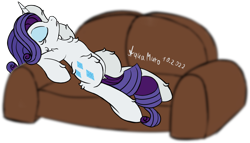 Size: 3239x1858 | Tagged: safe, artist:aquamuro, imported from derpibooru, rarity, pony, unicorn, blurry background, couch, ear fluff, eyes closed, faint, fainting couch, female, fluffy, gritted teeth, lying down, mare, raised hoof, rarity being rarity, signature, simple background, sketch, solo, teeth, transparent background