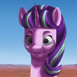 Size: 1280x1280 | Tagged: safe, artist:rollo32, imported from derpibooru, starlight glimmer, pony, unicorn, blue eyes, blue sky, bust, desert, portrait, purple hair, s5 starlight, smiling, solo