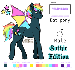 Size: 3000x2800 | Tagged: safe, artist:dashienova, edit, imported from derpibooru, oc, oc only, oc:prism star, bat pony, pony, bat pony oc, bat wings, blackletter, color palette, colorful, ethereal mane, heterochromia, male, pony oc, reference sheet, simple background, solo, starry mane, text, white background, wings