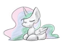 Size: 1113x748 | Tagged: safe, artist:zutcha, imported from derpibooru, princess celestia, alicorn, pony, eyes closed, female, lying down, ponyloaf, prone, simple background, smiling, solo, white background