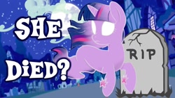 Size: 1280x720 | Tagged: safe, imported from derpibooru, twilight sparkle, ghost, ghost pony, undead, arrow, clickbait, grave, implied death, moon, question mark, rest in peace, youtube thumbnail