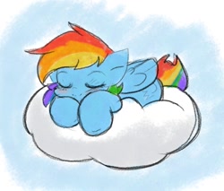 Size: 950x808 | Tagged: safe, artist:zutcha, imported from derpibooru, rainbow dash, pegasus, pony, cloud, cute, dashabetes, eyes closed, female, folded wings, lying down, mare, on a cloud, prone, sleeping, sleeping on a cloud, solo, wings