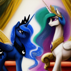 Size: 1024x1024 | Tagged: safe, editor:dovakkins, imported from derpibooru, princess celestia, princess luna, alicorn, pony, ai content, ai generated, beautiful, crown, cute, female, g4, generator:purplesmart.ai, generator:stable diffusion, jewelry, looking at each other, looking at someone, mare, portrait, regalia, smiling