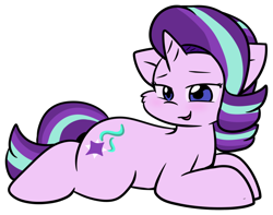 Size: 900x710 | Tagged: safe, artist:zutcha, imported from derpibooru, starlight glimmer, pony, unicorn, female, lidded eyes, lying down, mare, open mouth, open smile, prone, simple background, smiling, solo, transparent background