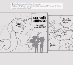 Size: 1125x1000 | Tagged: safe, artist:averysweatyboy, imported from derpibooru, nightmare moon, princess luna, queen chrysalis, alicorn, changeling, changeling queen, pony, ask, censored, censored vulgarity, curiouscat, dialogue, female, grayscale, gritted teeth, gyro zeppeli, japanese reading order, johnny joestar, jojo's bizarre adventure, mare, missing accessory, monochrome, offended, open mouth, self paradox, speech bubble, steel ball run, teeth, tree, unamused
