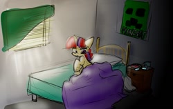 Size: 1469x931 | Tagged: safe, artist:zutcha, imported from derpibooru, moondancer, pony, unicorn, bed, female, minecraft, morning ponies, solo