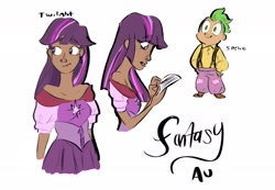 Size: 2065x1425 | Tagged: safe, artist:thechaoticboop, imported from derpibooru, spike, twilight sparkle, human, clothes, dark skin, dress, ear piercing, earring, fantasy, humanized, jewelry, pants, piercing, shirt, shoes, simple background, suspenders, white background