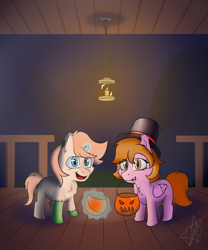 Size: 1000x1200 | Tagged: safe, artist:ermecg, imported from derpibooru, oc, oc only, pegasus, pony, unicorn, duo, duo male and female, female, filly, foal, halloween, holiday, magic, magic aura, male, nightmare night, simple background, smiling, telekinesis