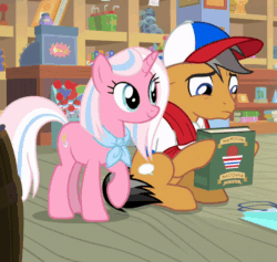 Size: 800x757 | Tagged: safe, imported from derpibooru, screencap, clear sky, quibble pants, earth pony, pony, unicorn, common ground, animated, baseball cap, book, cap, clothes, cropped, female, gif, hat, kissing, male, mare, nose wrinkle, nuzzling, quibblesky, shipping, shirt, stallion, straight, talking
