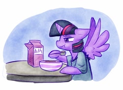Size: 1110x819 | Tagged: safe, artist:zutcha, imported from derpibooru, twilight sparkle, alicorn, pony, cereal, female, food, hoof hold, milk, morning ponies, solo, twilight sparkle (alicorn)