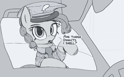 Size: 2743x1725 | Tagged: safe, artist:vultraz, imported from derpibooru, pinkie pie, earth pony, pony, bipedal, bipedal leaning, car, clothes, dialogue, female, hat, leaning, looking at you, mare, monochrome, necktie, open mouth, pinktober, police hat, police officer, police uniform, ponerpics import, shirt, solo, talking, talking to viewer, text