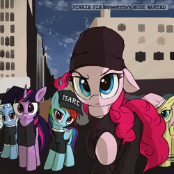 Size: 3000x3000 | Tagged: safe, artist:vultraz, imported from derpibooru, fluttershy, pinkie pie, rainbow dash, trixie, twilight sparkle, earth pony, pegasus, pony, unicorn, album cover, baseball cap, beanie, cap, clothes, female, floppy ears, folded wings, gangsta, hat, hip hop, ice cube, ice cube (rapper), looking at you, mare, pants, parody, pinktober, ponerpics import, raised hoof, rap, shirt, sweatband, text, wings
