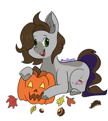 Size: 2400x2700 | Tagged: safe, artist:chairene, imported from derpibooru, oc, oc:cj vampire, earth pony, pony, calved pumpkin, fanart, gift art, halloween, holiday, jack-o-lantern, pumpkin, simple background, smiling, solo, transparent background