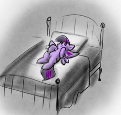 Size: 1238x1167 | Tagged: safe, artist:zutcha, imported from derpibooru, twilight sparkle, alicorn, pony, :t, bed, blanket, female, lying down, on bed, pillow, solo, spread wings, twilight sparkle (alicorn), wings