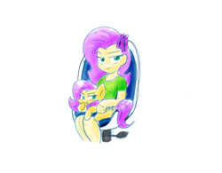 Size: 1280x999 | Tagged: safe, artist:zutcha, imported from derpibooru, fluttershy, human, pegasus, pony, equestria girls, duo, female, holding a pony, human ponidox, self paradox, self ponidox, simple background, sitting, sitting on lap, white background