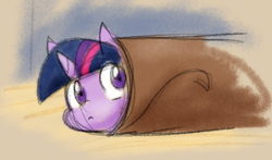 Size: 736x434 | Tagged: safe, artist:zutcha, imported from derpibooru, twilight sparkle, pony, blanket burrito, female, solo