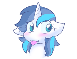 Size: 1128x868 | Tagged: safe, artist:zutcha, imported from derpibooru, shining armor, pony, unicorn, blushing, bust, female, gleaming shield, rule 63, simple background, solo, tongue out, white background