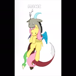 Size: 2048x2048 | Tagged: safe, artist:inoghmia, imported from derpibooru, discord, fluttershy, discoshy, female, hug, male, mine!, shipping, straight, text