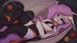 Size: 3840x2160 | Tagged: safe, artist:maybeweed, imported from derpibooru, fluttershy, bat pony, pony, semi-anthro, bat ponified, clothes, female, floppy ears, flutterbat, leotard, lying down, mare, on back, race swap, solo, stockings, thigh highs, underhoof