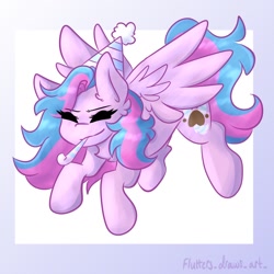 Size: 1080x1080 | Tagged: safe, artist:flutterpawss, imported from derpibooru, oc, oc only, oc:flutters, pegasus, pony, abstract background, eyes closed, female, hat, mare, party hat, party horn, pegasus oc, smiling, solo