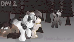 Size: 1920x1080 | Tagged: safe, artist:flutterpawss, imported from derpibooru, apple bloom, scootaloo, sweetie belle, earth pony, pegasus, pony, unicorn, cutie mark crusaders, female, filly, foal, forest, inktober 2022, outdoors, scared