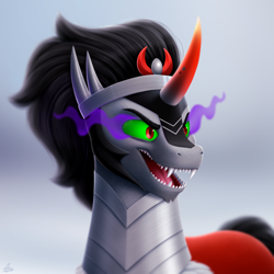 Size: 1000x1000 | Tagged: safe, artist:luminousdazzle, imported from derpibooru, king sombra, pony, unicorn, antagonist, armor, bust, eye mist, fangs, g4, male, semi-realistic, sharp teeth, solo, stallion, teeth