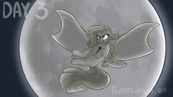 Size: 1920x1080 | Tagged: safe, artist:flutterpawss, imported from derpibooru, fluttershy, bat pony, pony, bat ponified, female, flutterbat, flying, full moon, inktober 2022, mare, moon, race swap, solo, spread wings, wings