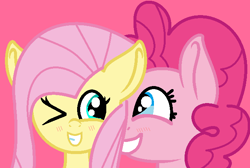 Size: 661x445 | Tagged: safe, artist:jadeharmony, artist:starlight12012003, imported from derpibooru, fluttershy, pinkie pie, earth pony, pegasus, pony, base used, duo, female, flutterpie, grin, lesbian, one eye closed, pink background, shipping, simple background, smiling, wink