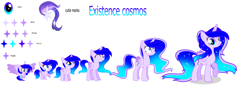 Size: 6288x2136 | Tagged: safe, artist:existencecosmos188, imported from derpibooru, oc, oc only, alicorn, pony, age progression, alicorn oc, ethereal mane, female, filly, foal, horn, mare, raised hoof, simple background, solo, starry mane, white background, wings