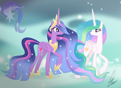 Size: 3280x2384 | Tagged: safe, artist:existencecosmos188, imported from derpibooru, princess celestia, twilight sparkle, alicorn, pony, the last problem, duo, ethereal mane, female, hoof shoes, jewelry, mare, older, older twilight, peytral, princess twilight 2.0, raised hoof, signature, starry mane, tiara, twilight sparkle (alicorn)